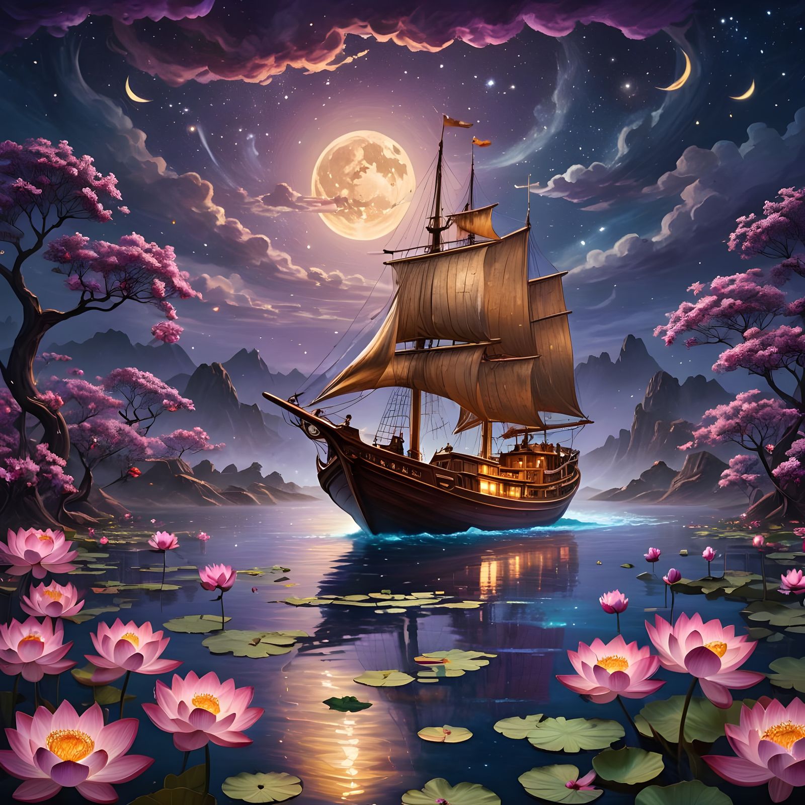 Ominous Sky Landscape with Sailing Boat in Detailed Matte Pa...