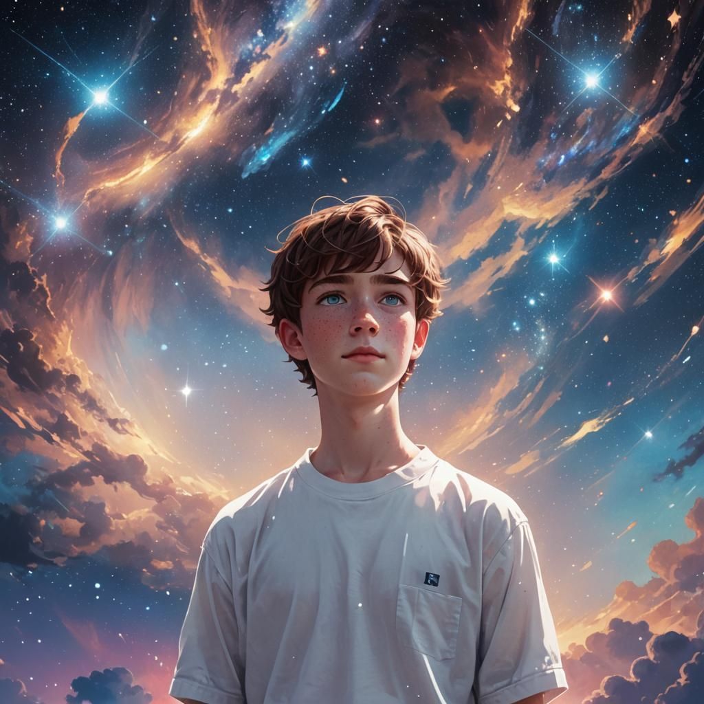 Boy with Freckles and Galaxy Background in 3D Anime Style