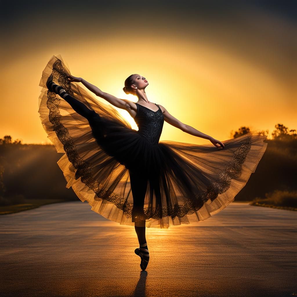 Ballerina in Black Tulle with Golden Sunset Glow