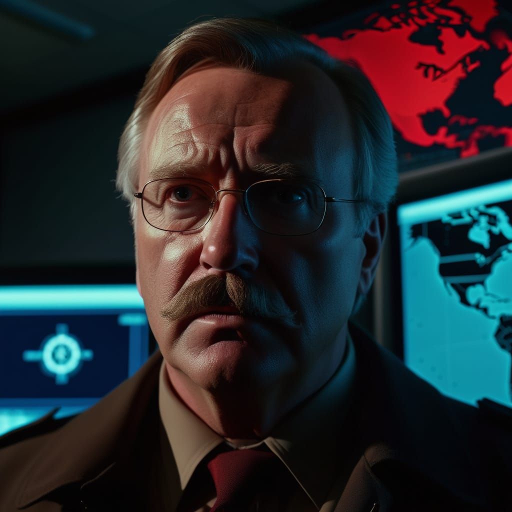Sinister Sci-Fi Close-Up: Man in Ominous Situation Room