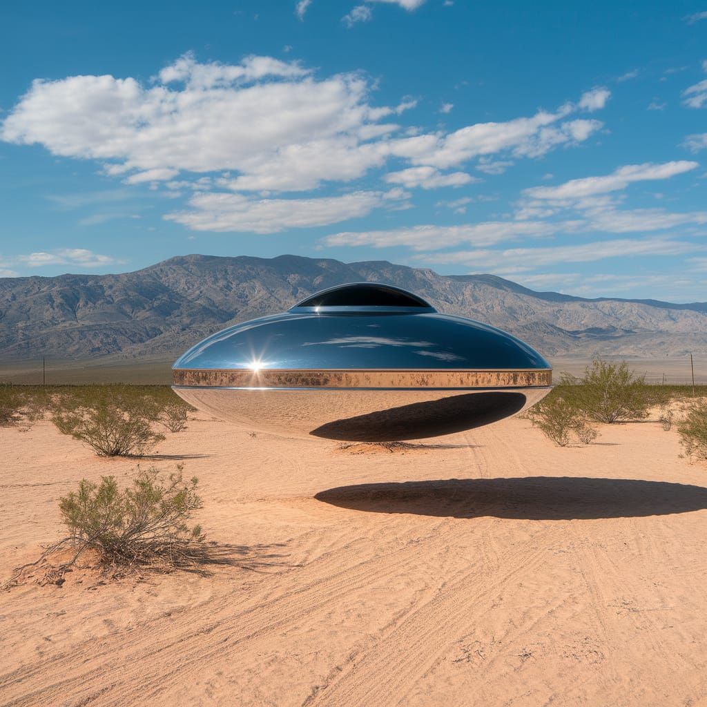 a chrome metal flying saucer in the desert