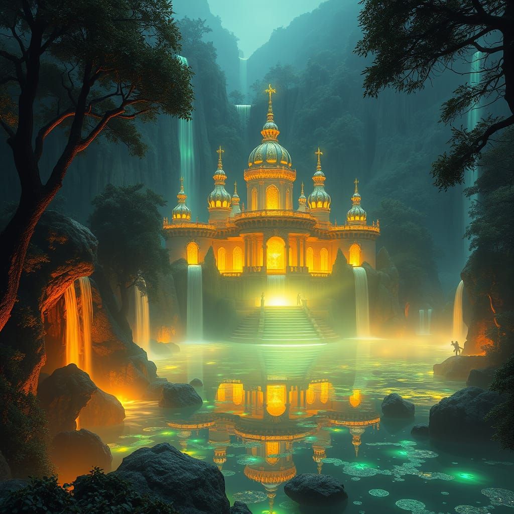 Ethereal Palace in Primeval Forest, in Highly Detailed Matte...
