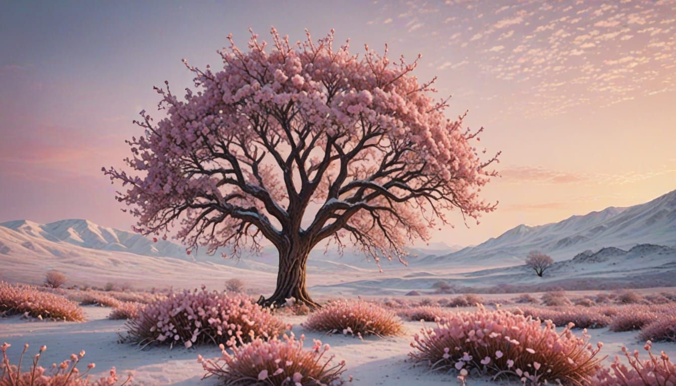Solitary Pink-Flowered Tree in Frozen Desert Sunrise
