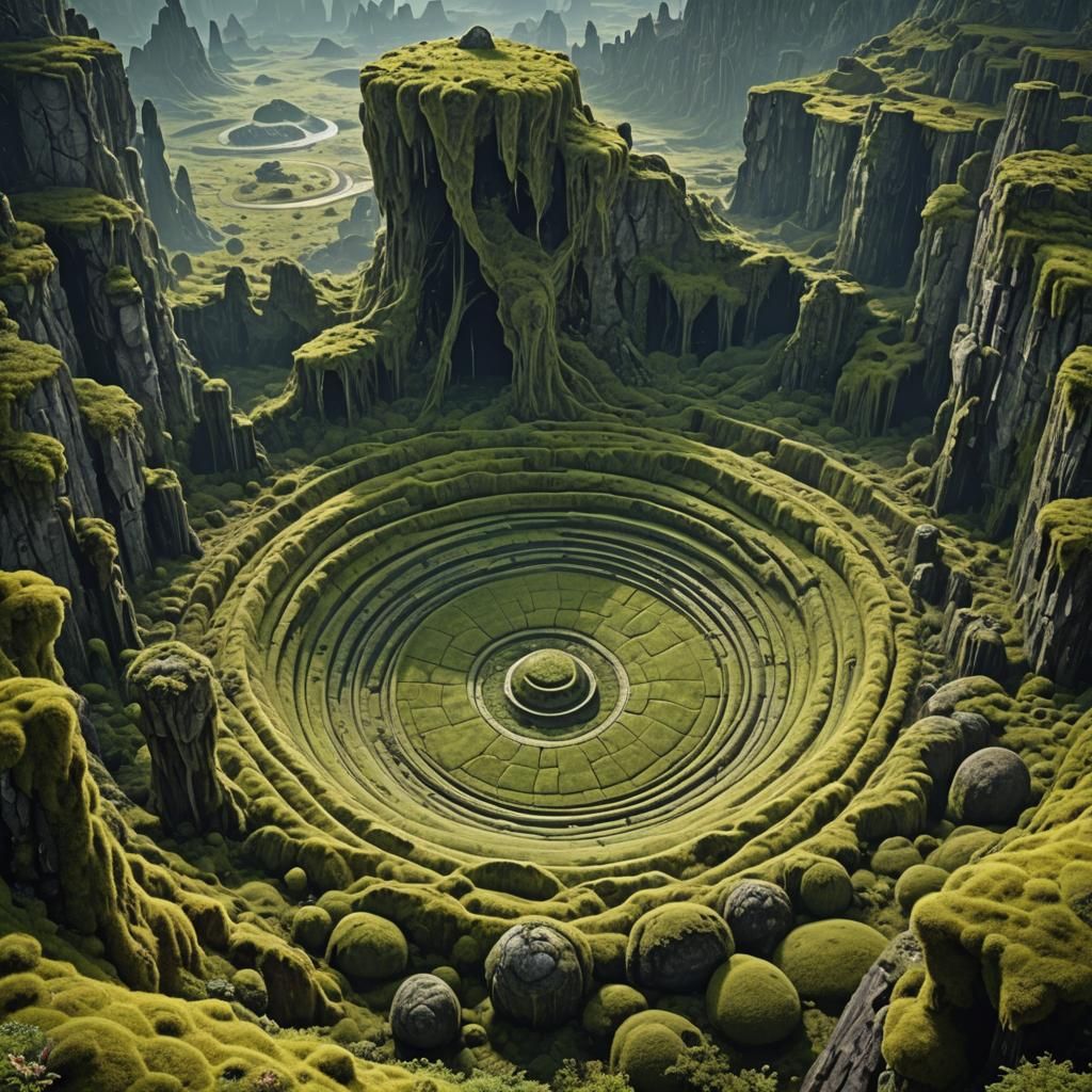 Alien planet crater with a huge fractal monolith created from multiple concentric circles
