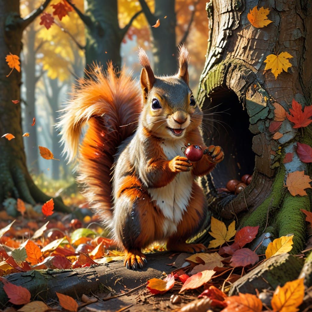Vibrant Splash Art of a Squirrel Storing Nuts
