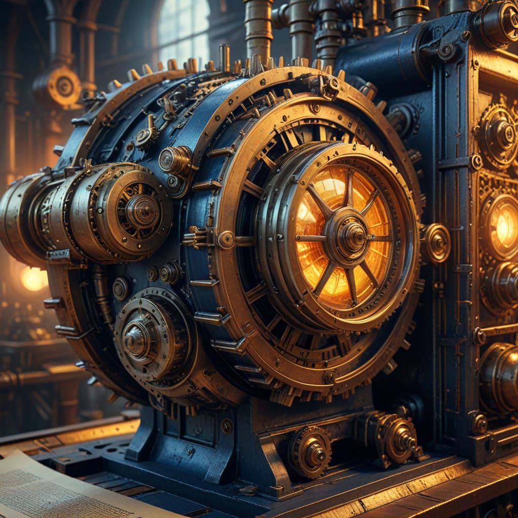 Steampunk Printing Press with Headlines in Fantasy Art Style