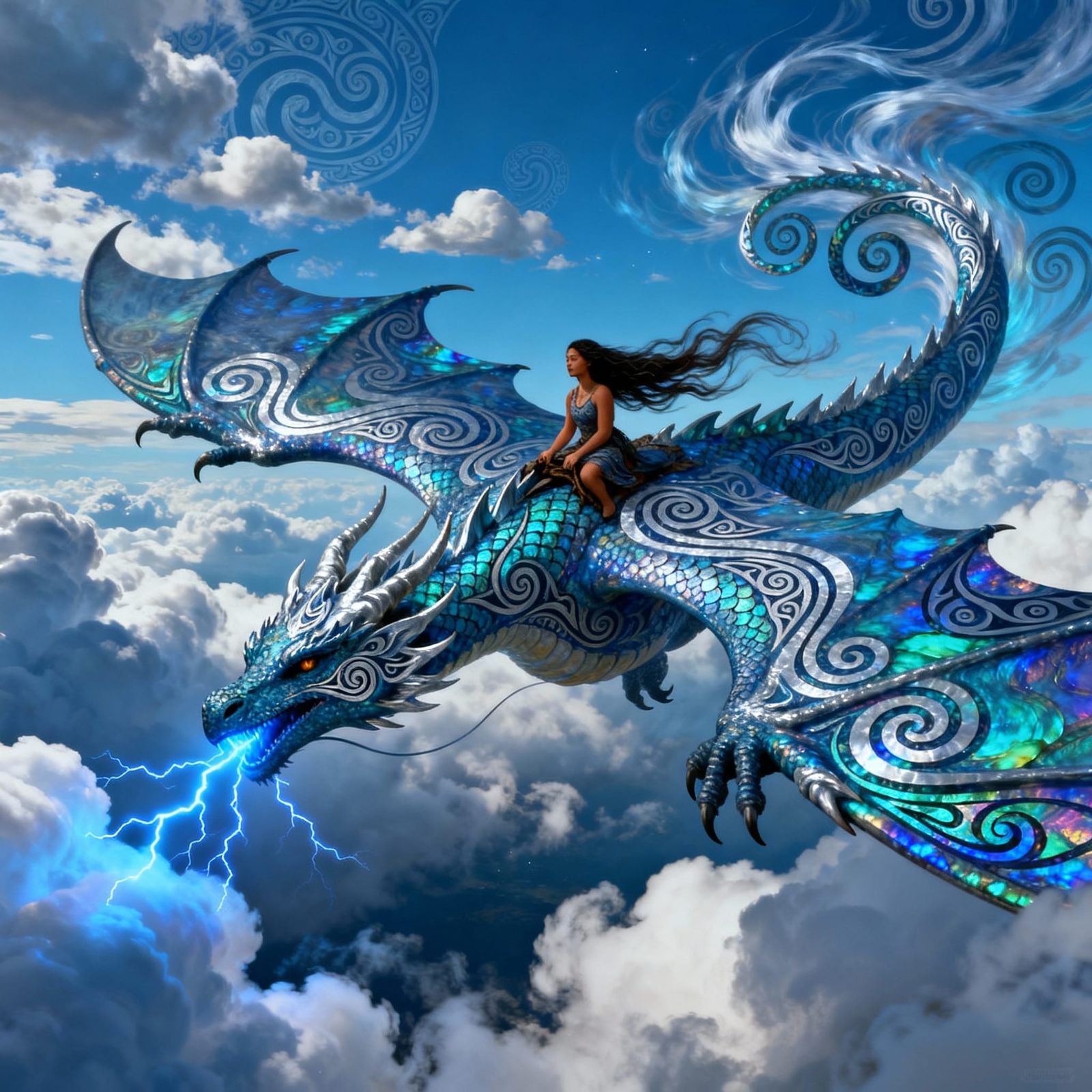 Surreal Dragon Rider with Māori Patterns in Azure Sky