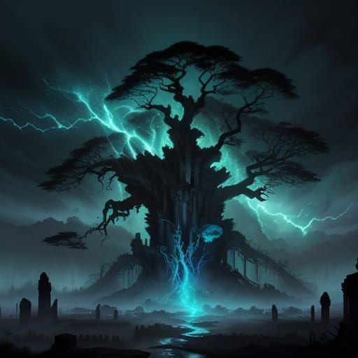Ancient Tree Roots in Ruined Civilization with Cosmic Sky