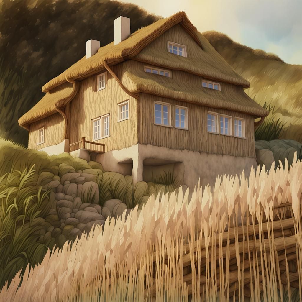 Picturesque North German House on Cliffside in Watercolor