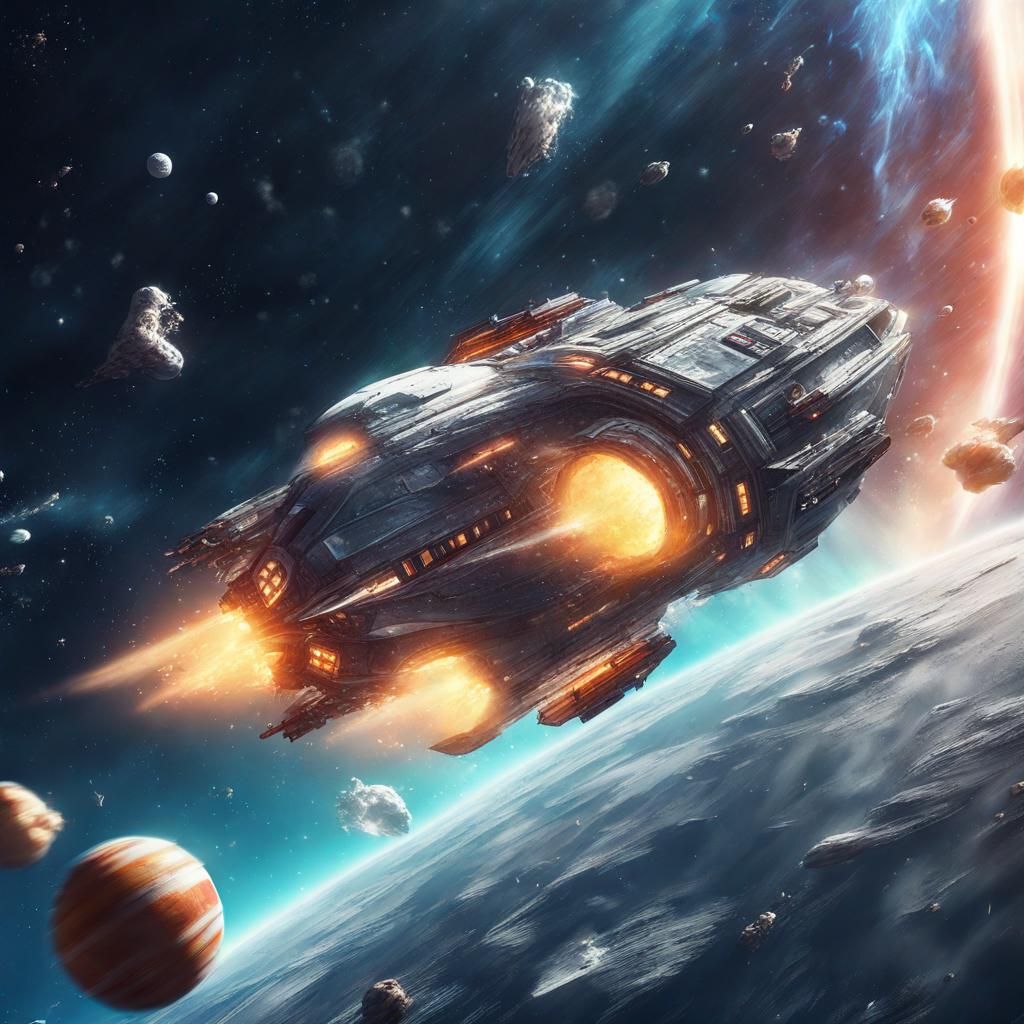 Hyperrealistic Spaceship Flying in Space Splash Art