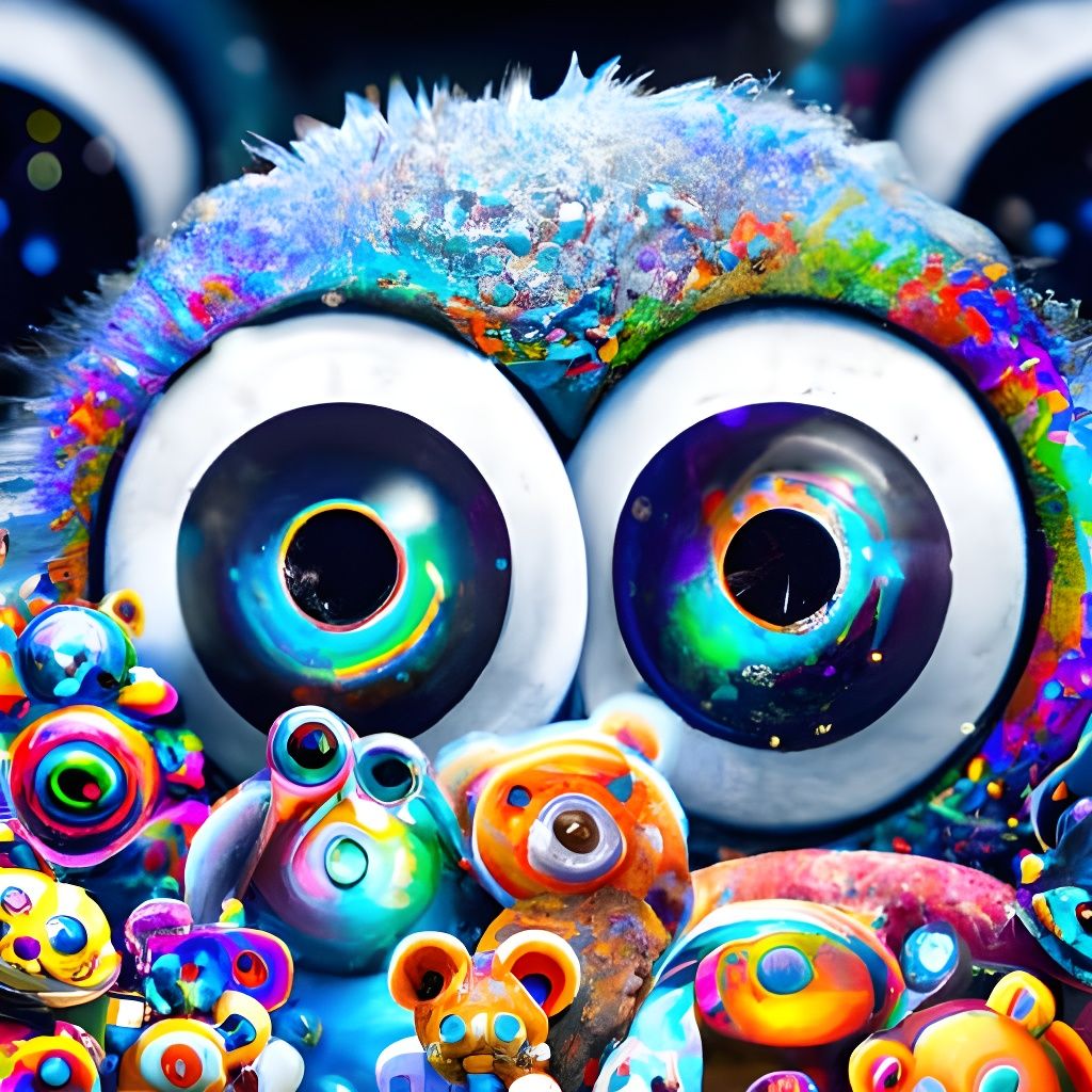 Creepy Teddy Bear with Rainbow Eyes in Space