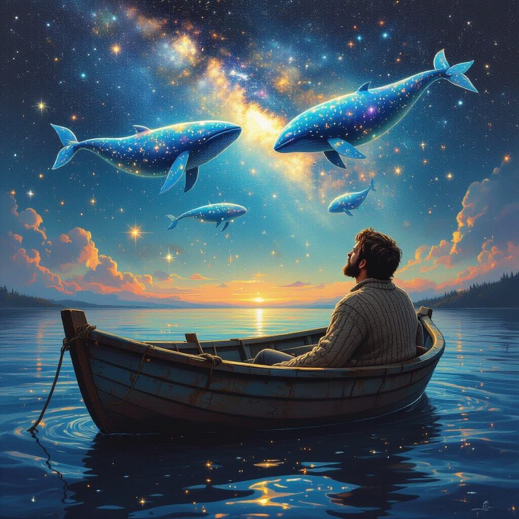 Celestial Whales in Ethereal Oil Painting Style