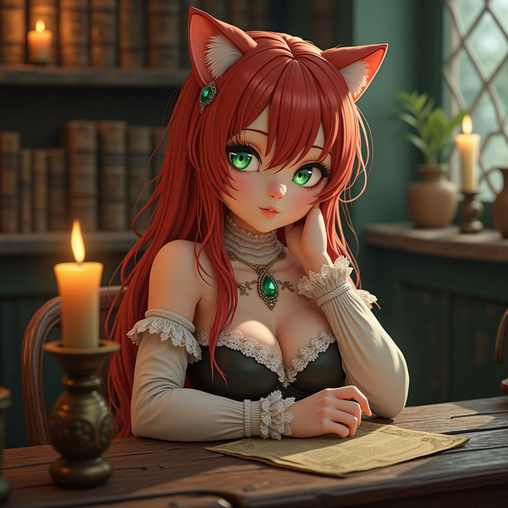 Mystical Cat Girl in Alchemy Shop: 3D Anime Art