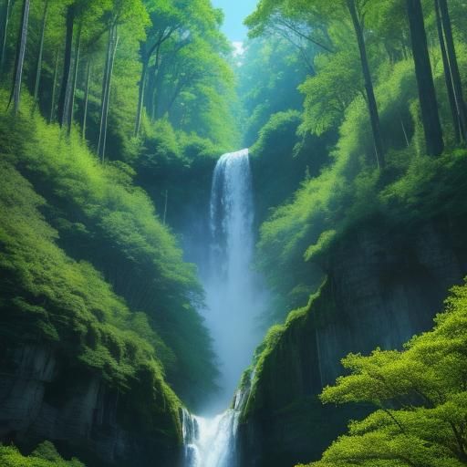 Fairy Tale Forest Scene with Waterfall