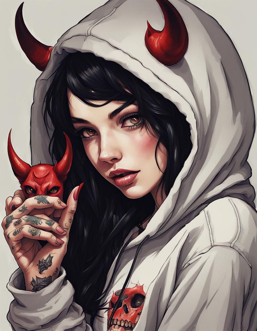 Adorable Tattooed Devil in Hoodie