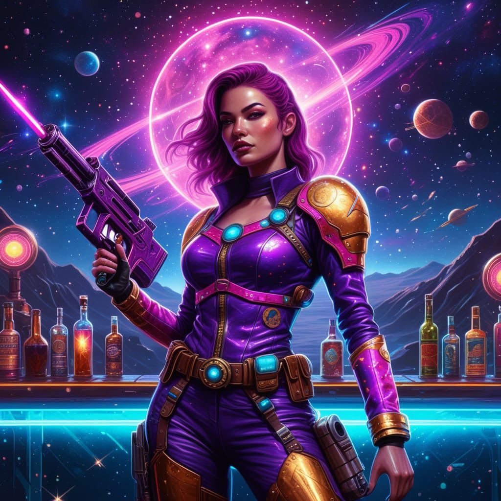 Glossy Purple Space Cowgirl in a Retrofuturistic Western Bar