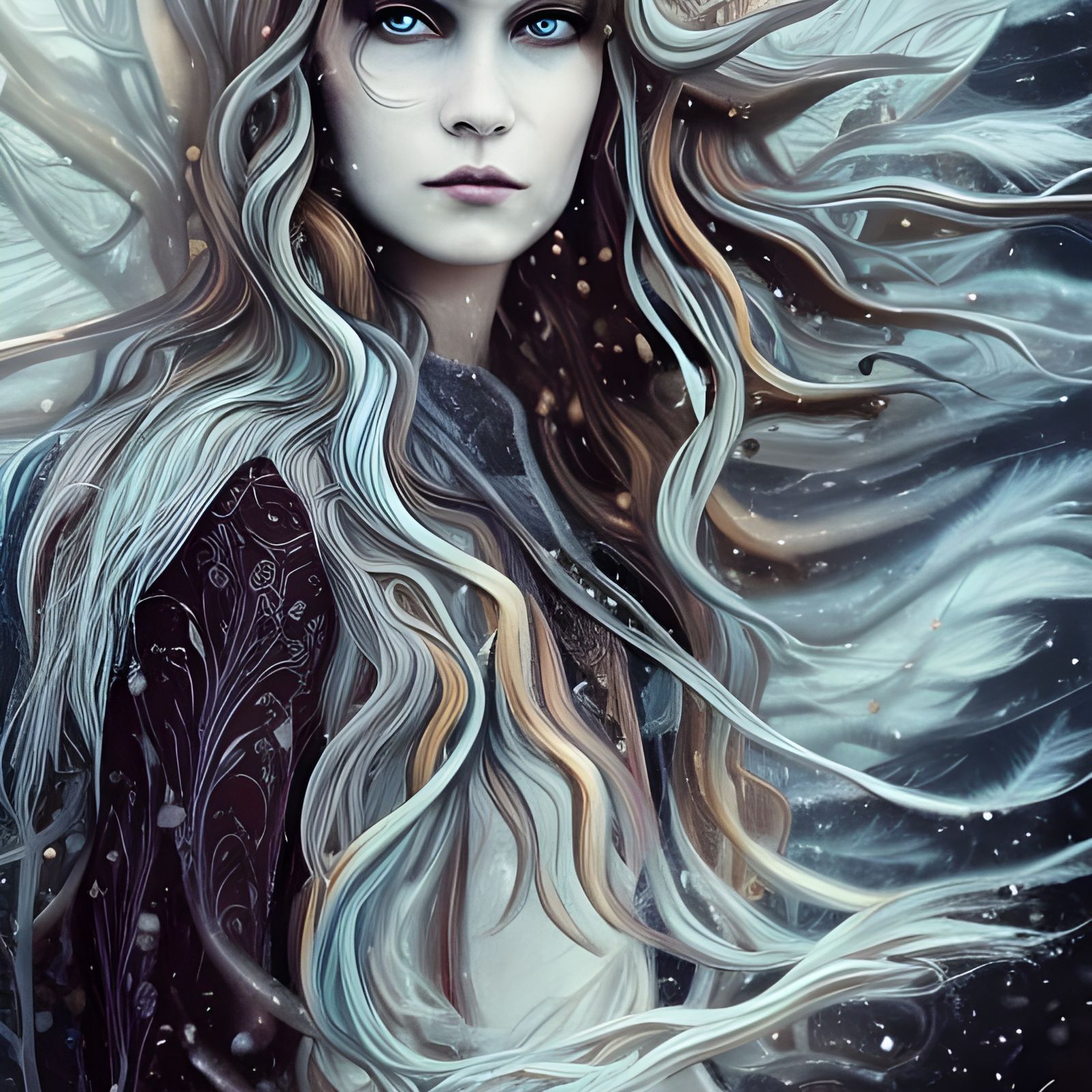 Nordic Winter Witch with Raven in Gouache Illustration