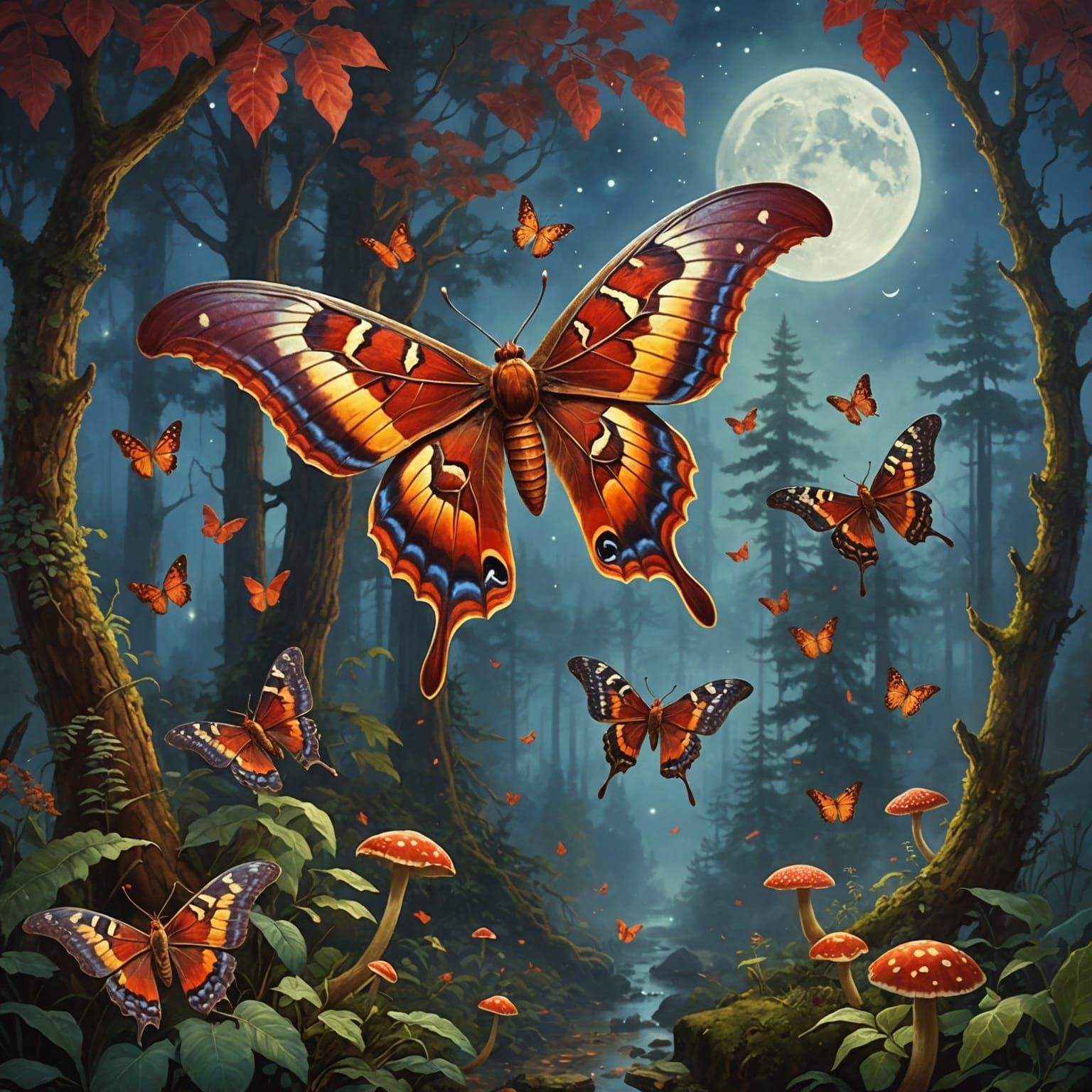 Mystical Atlas Moths in Forest at Night