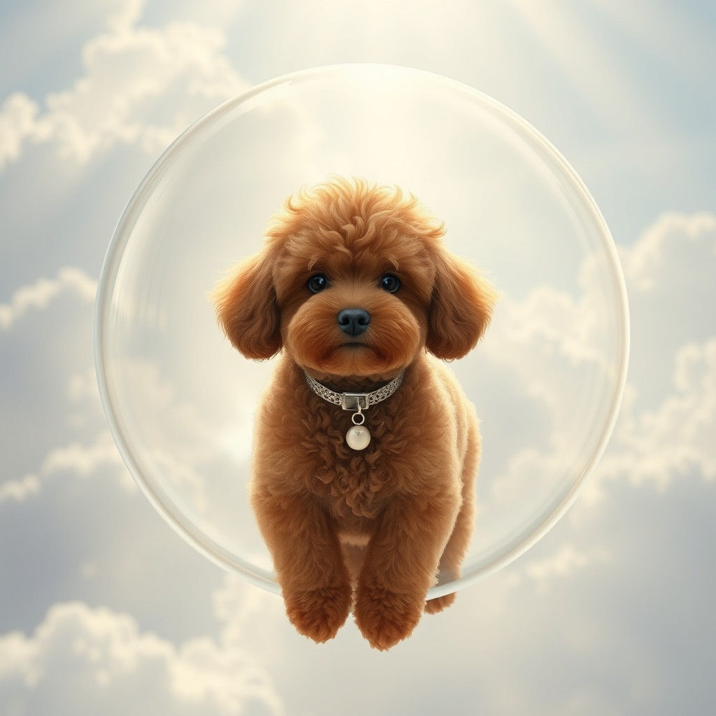Poodle Ascends in Bubble, Ethereal Dreamscape