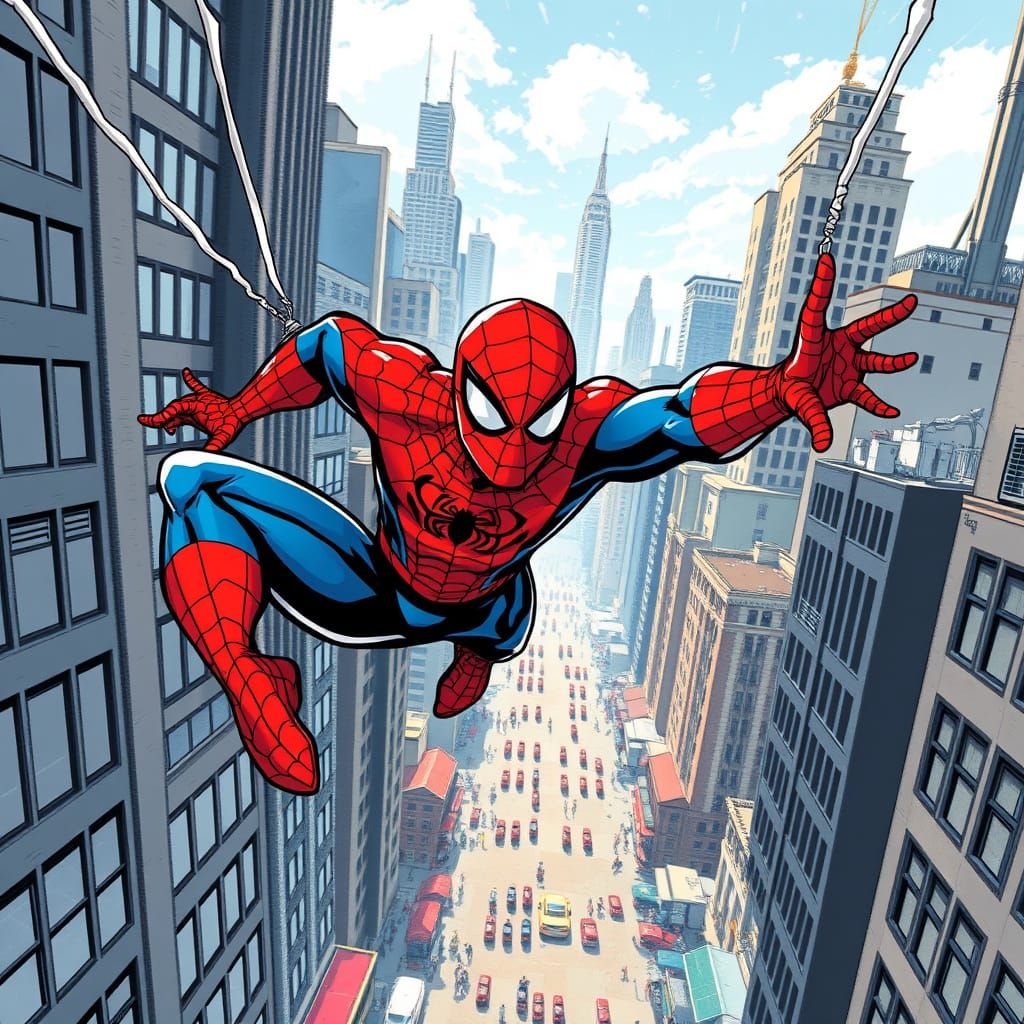 Spider-Man in Dynamic Comic Book Style Swing