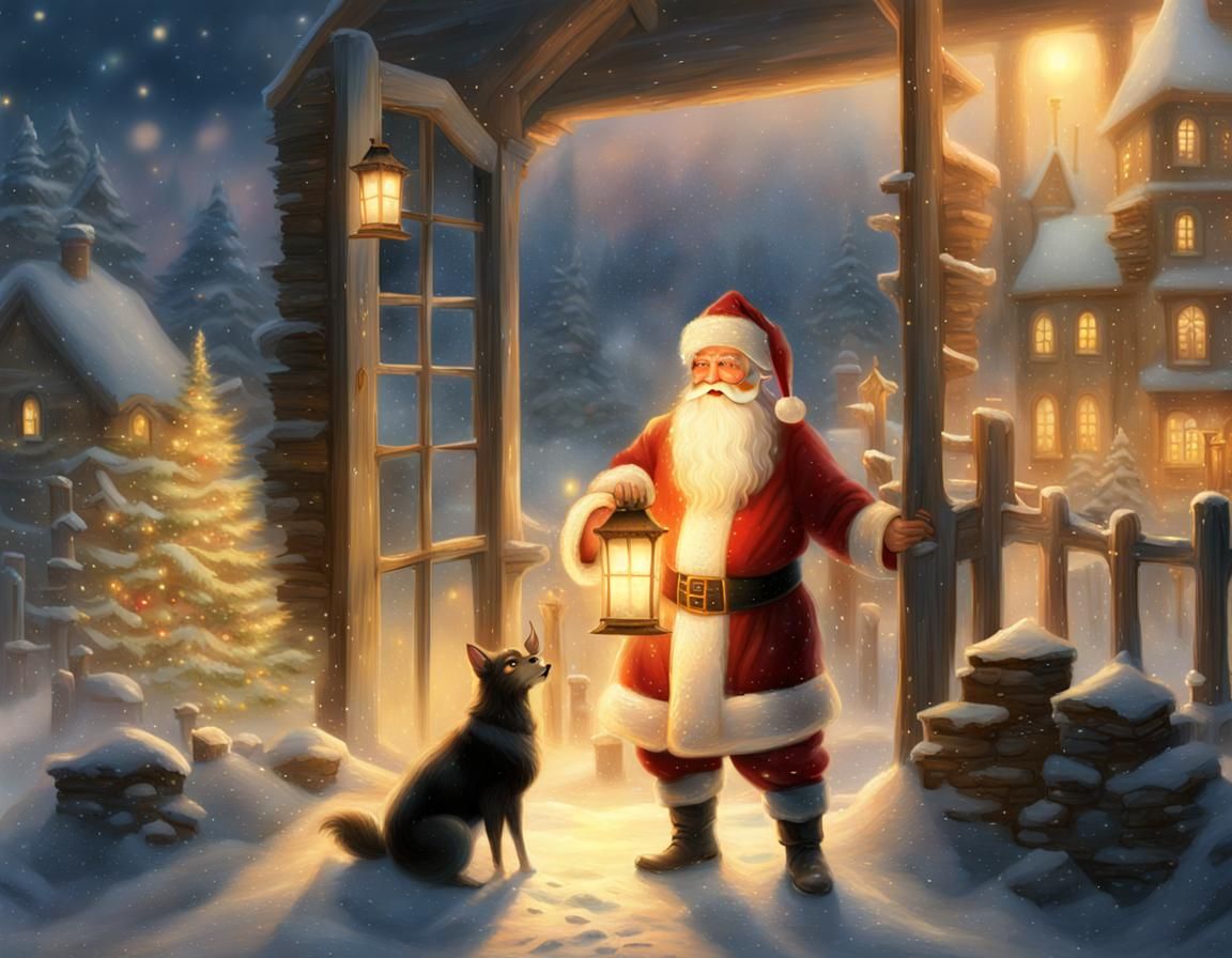 Pere Noel in Snowy Village: Kinkade-Inspired Fantasy