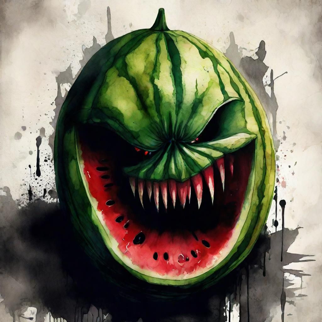 Watercolor Horror: Possessed Watermelon with Bloody Grin