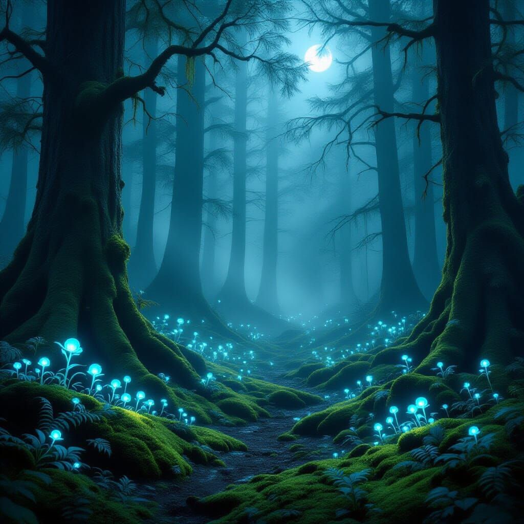 Mystical Forest at Night with Bioluminescent Flora
