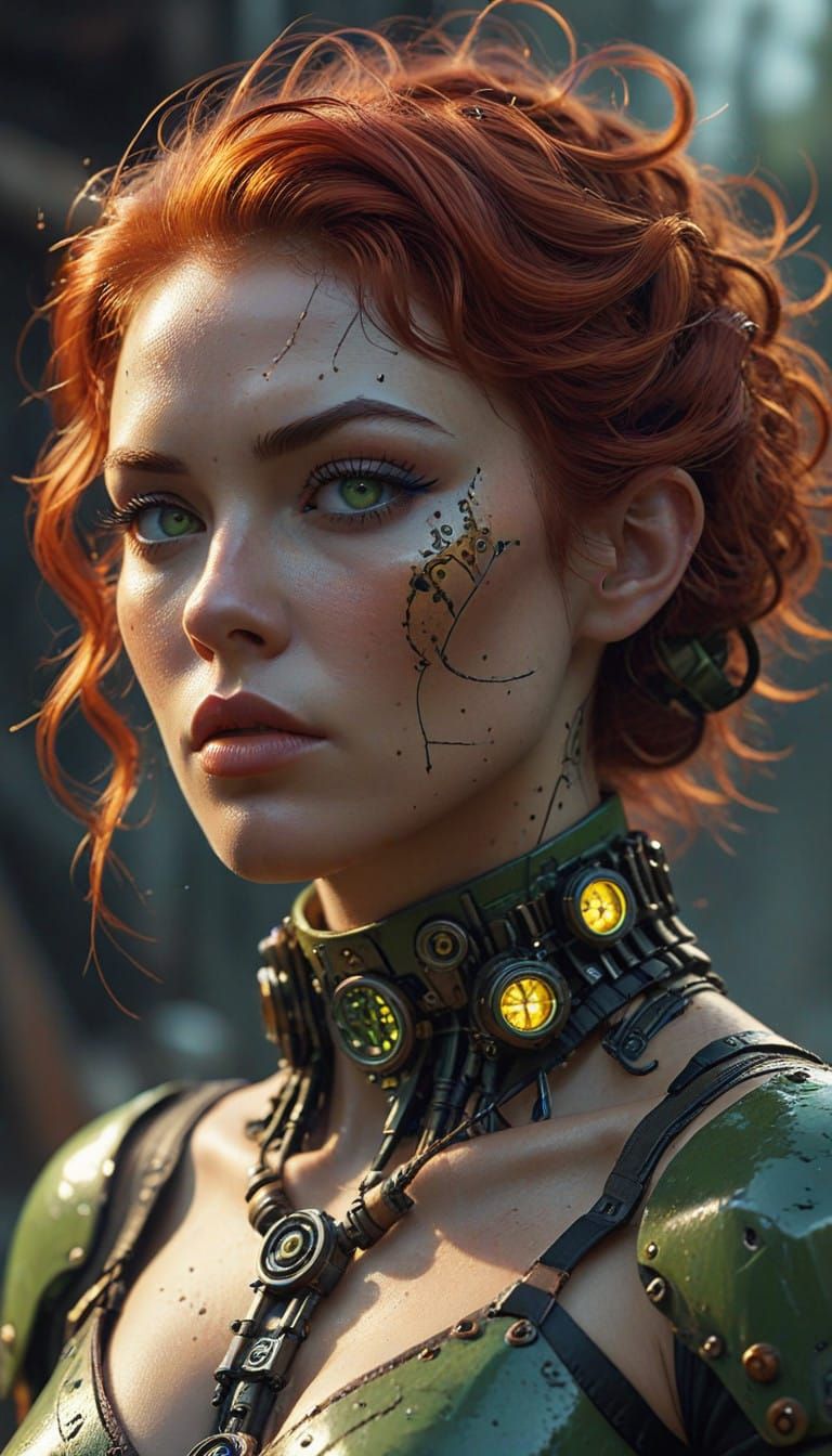 Steampunk Goddess with Intricate Gears and Green Eyes