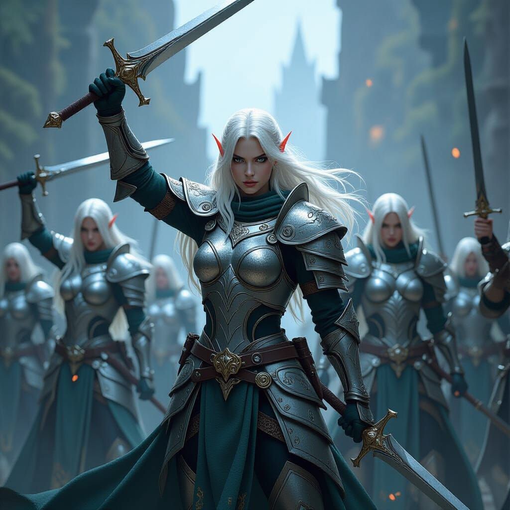 Elven Warriors in Shimmering Armor with Swords