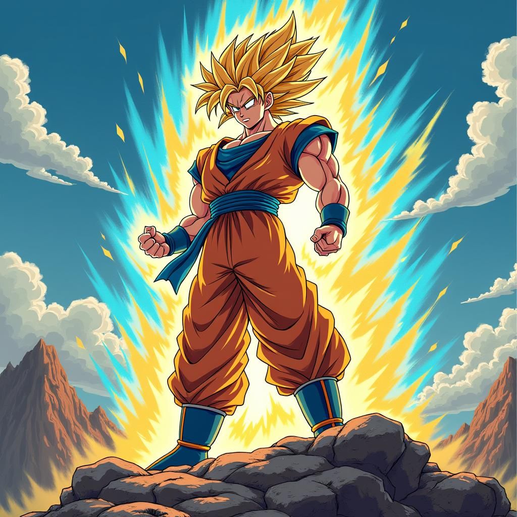 Heroic Super Saiyan Goku in Anime Key Visual Style