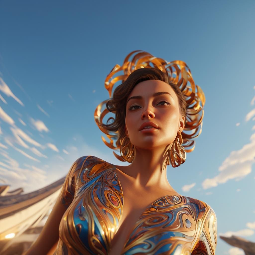 Elegant Woman Surrounded by Abstract Patterns in 3D