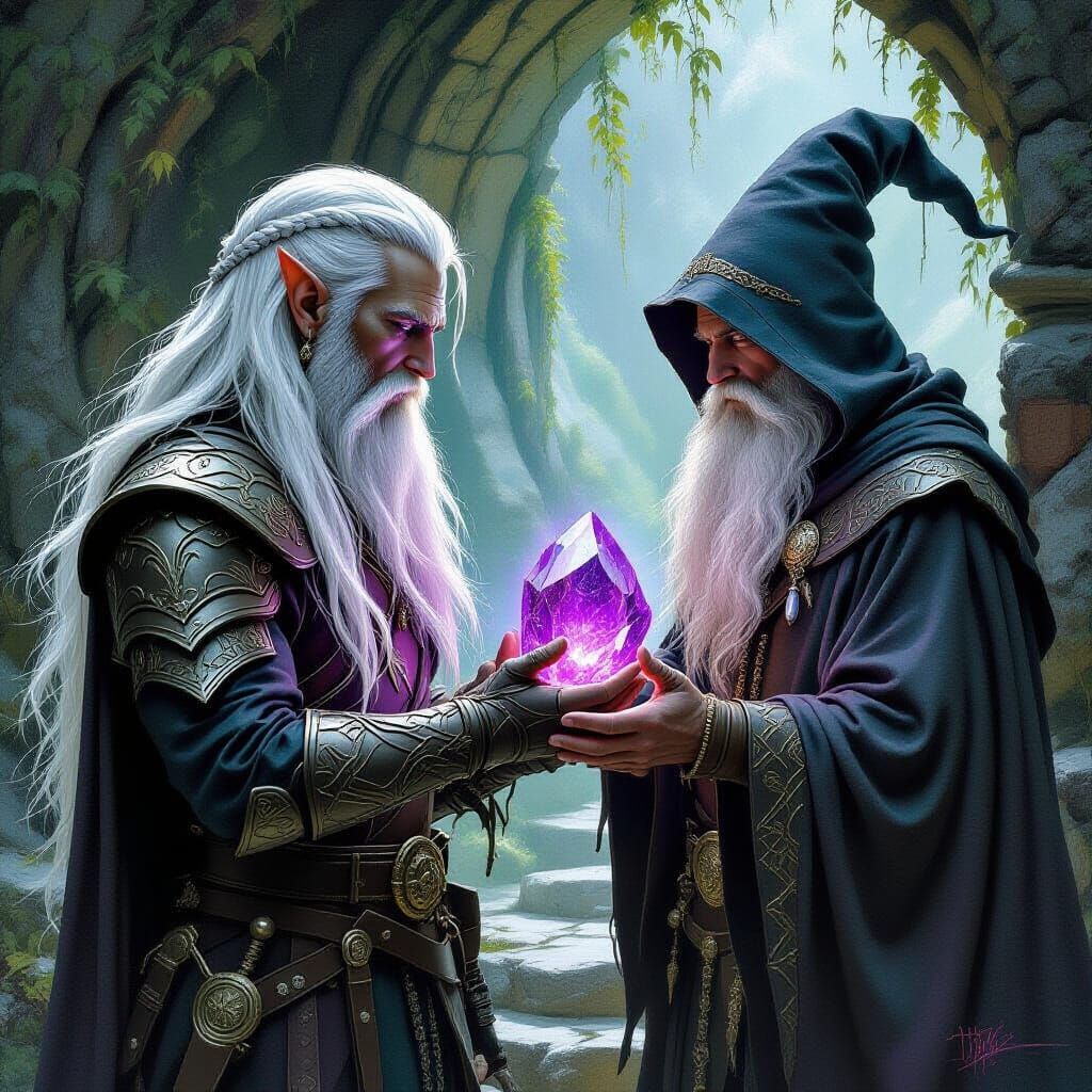 Dark Elf Offers Crystal to Wizard in Fantasy Art