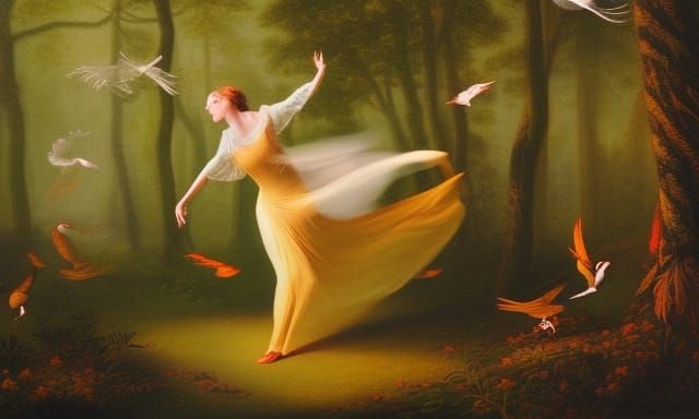Woman Dancing with Birds in Enchanted Forest