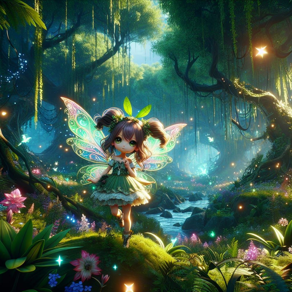 Enchanting Fairy Girl in Magical Forest, Matte Painting