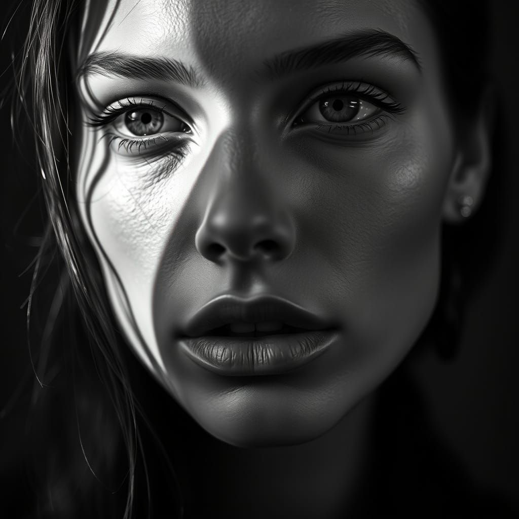 High-Contrast Black and White Portrait in Extreme Closeup