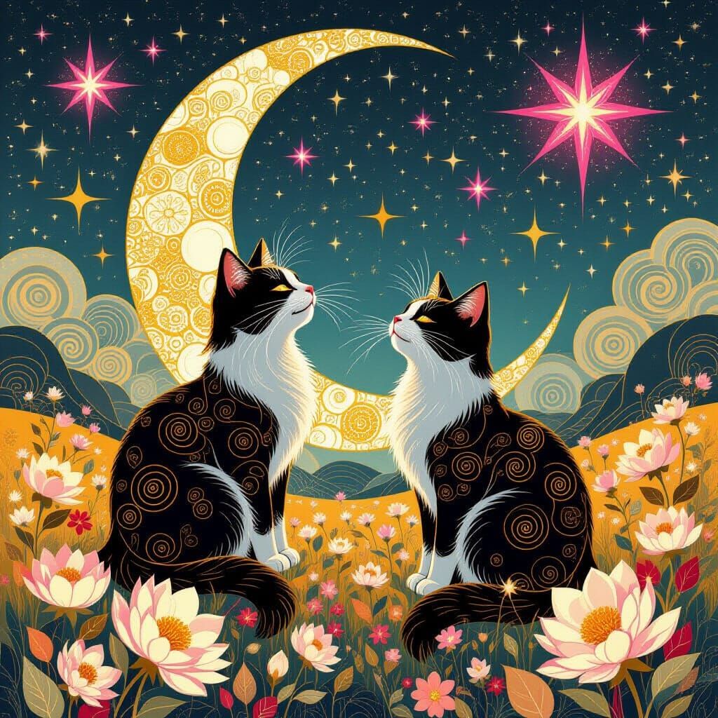 Moon Cats Singing in Klimt-Inspired Dreamscape