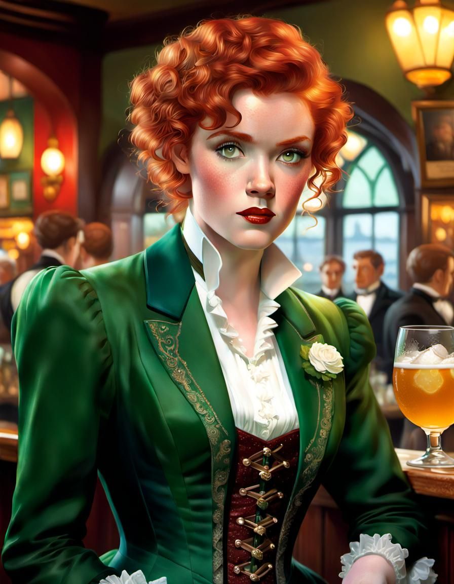 Irish Bartender in Green Corset Dress, Fantasy Style