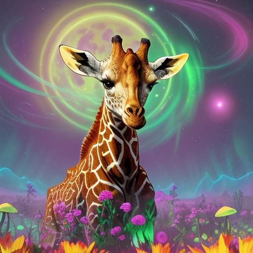 Giraffe Moonwalks in Cosmic Surrealist Style