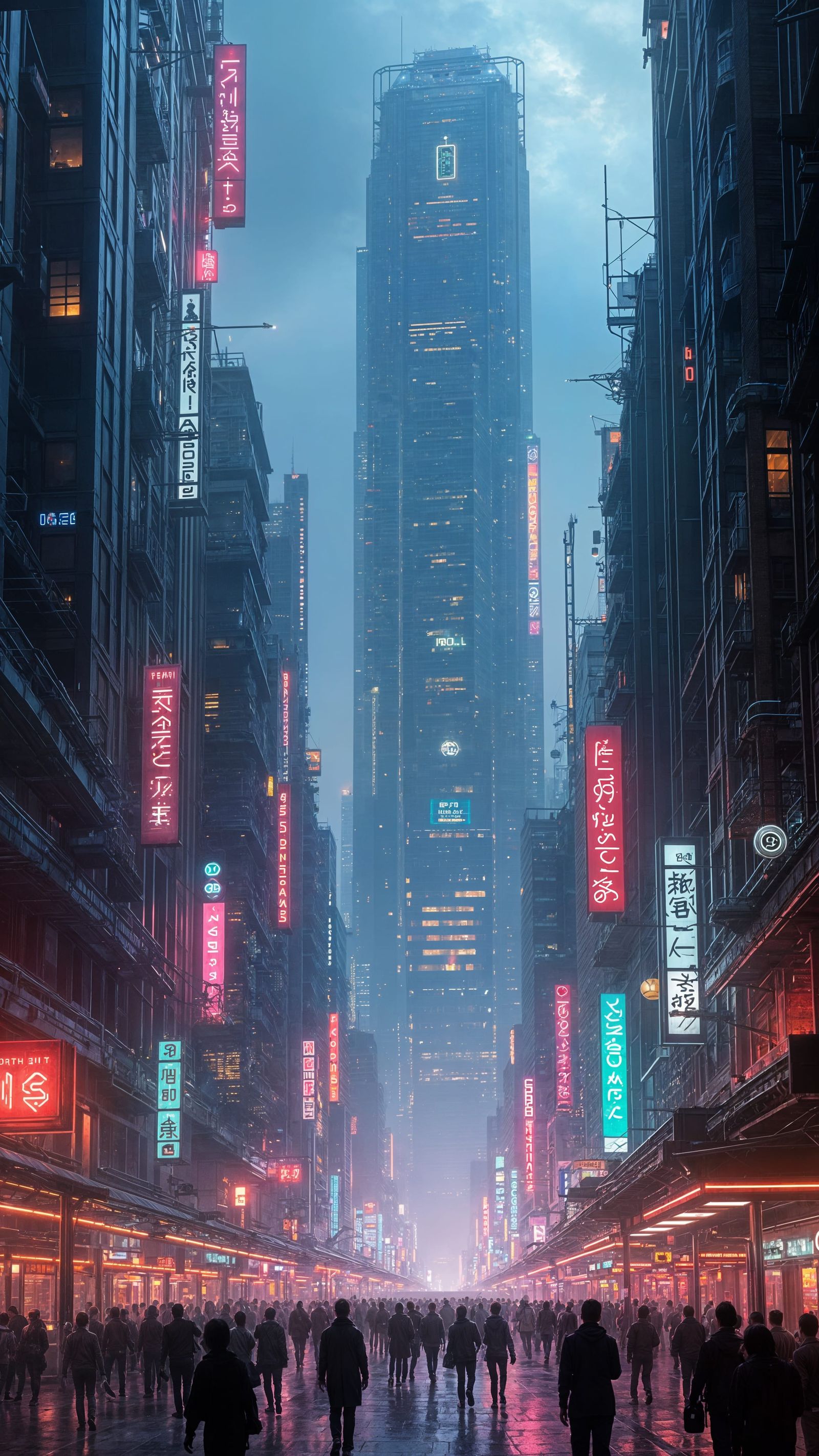 Futuristic Urban Scene with Neon and Skyscrapers