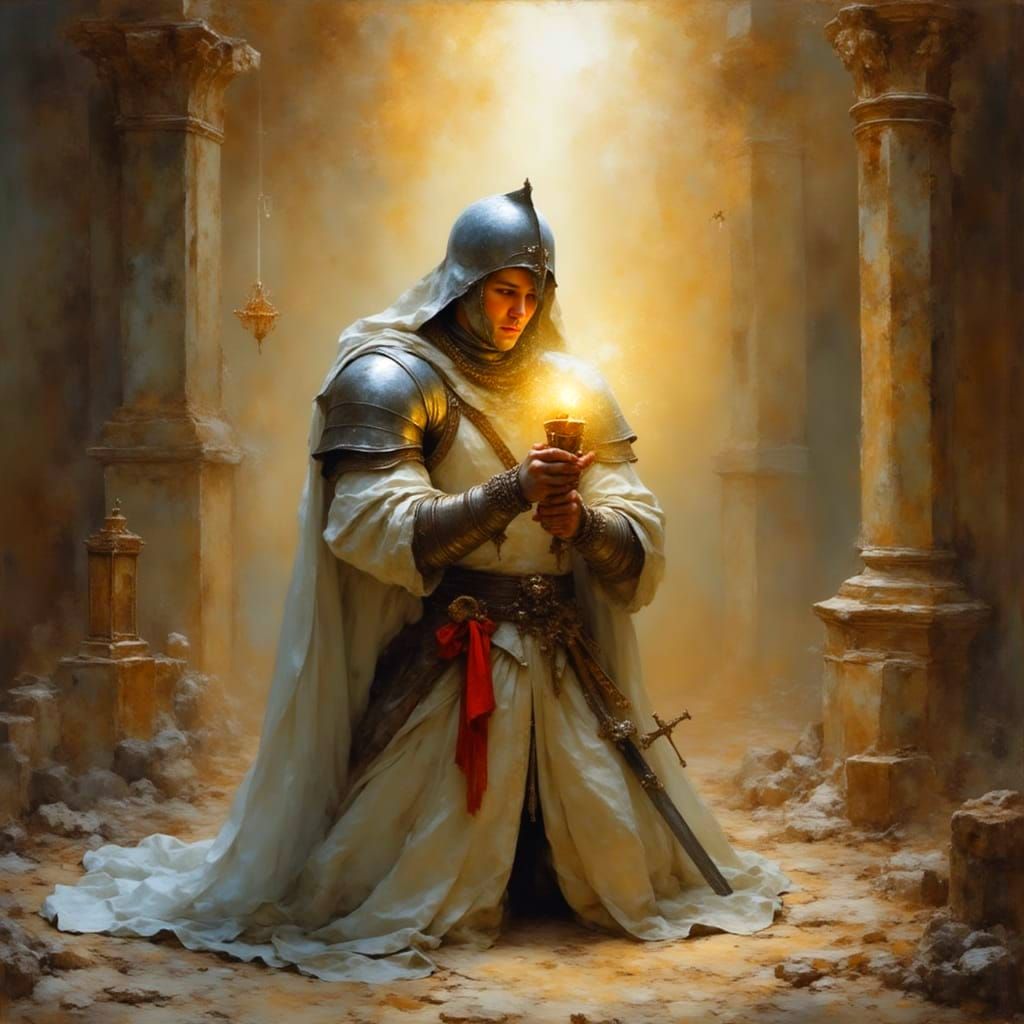 Knights Templar and Holy Grail in Golden Light
