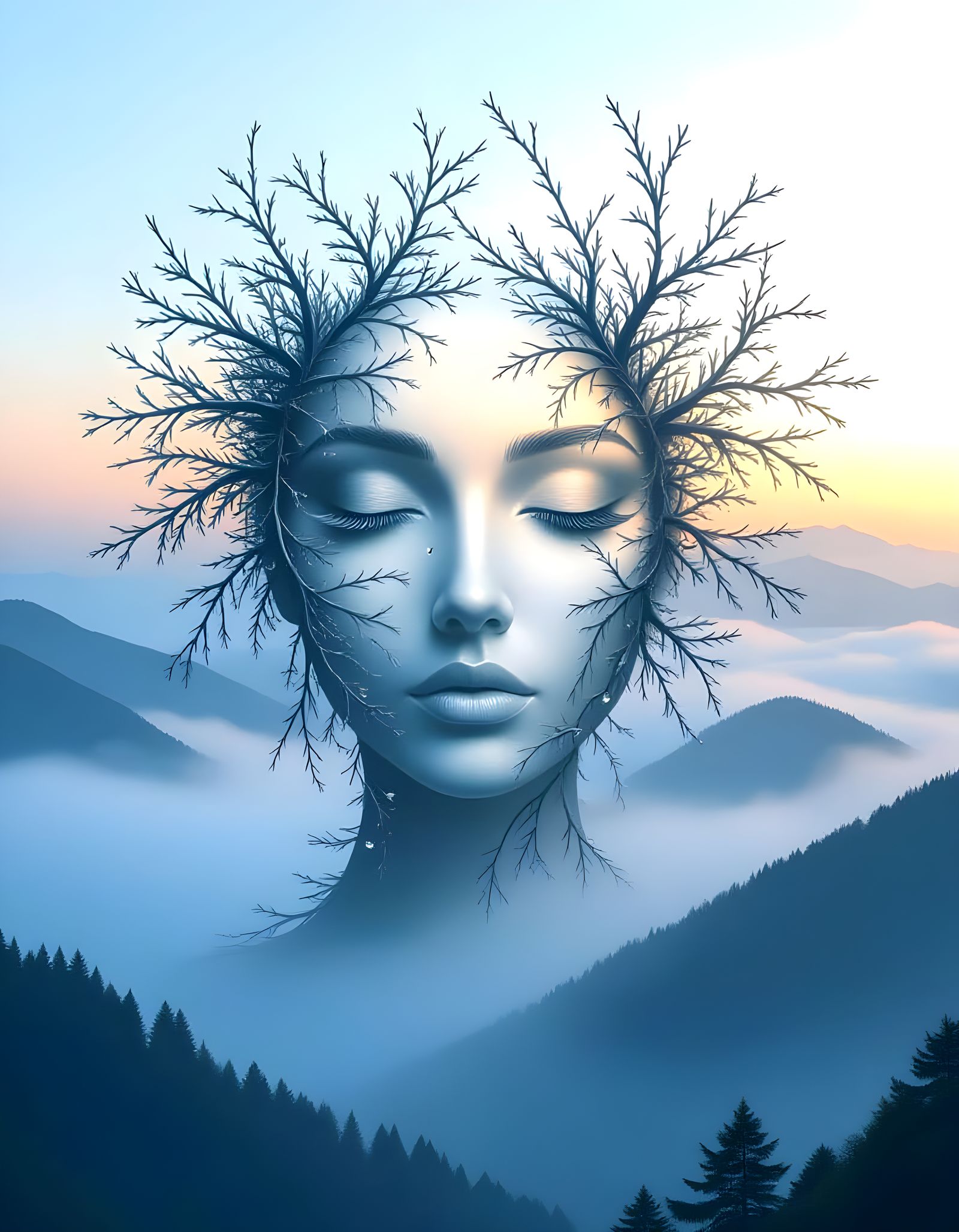 Ethereal Face Formed by Twigs in Misty Mountain Sunset