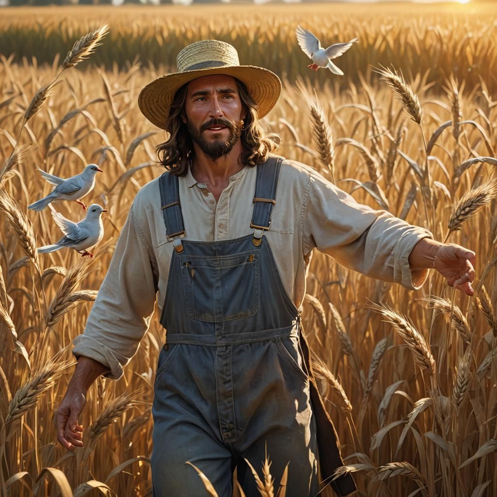 Jesus in Overalls in Sunlit Field: Concept Art