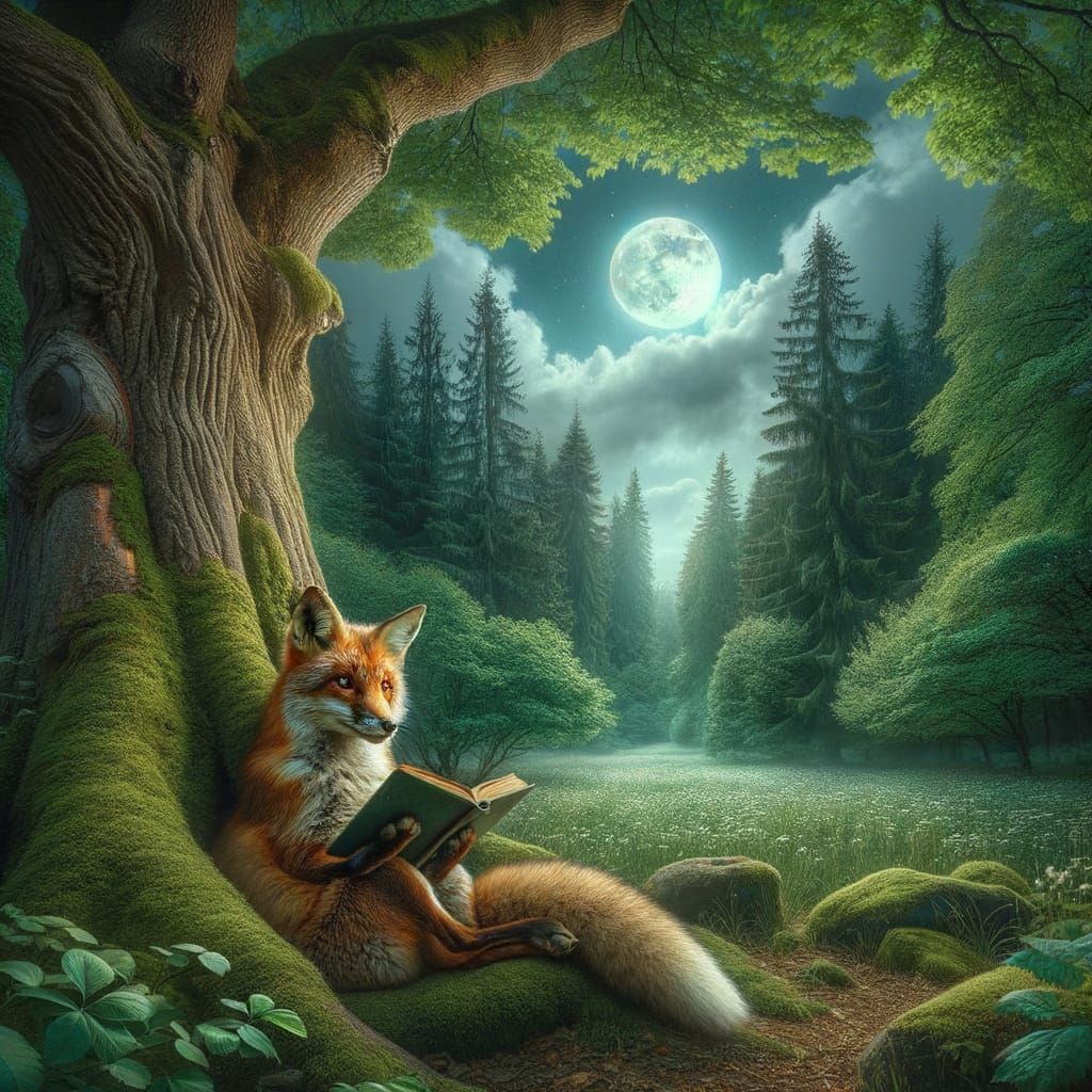 Fox Reading Book Under Moonlight in Forest