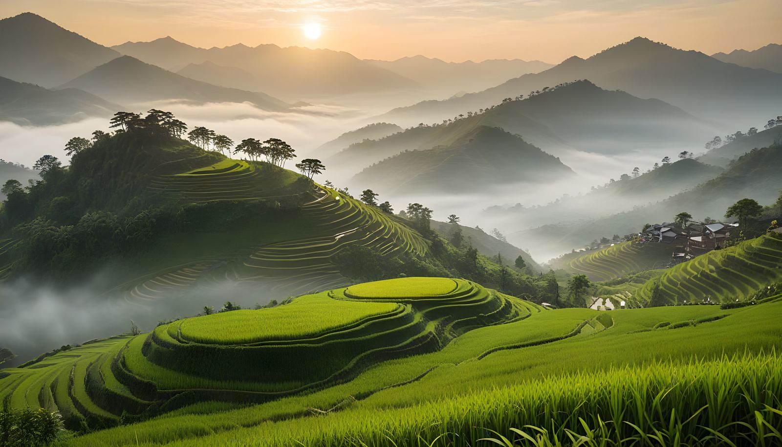 Sunrise Over Rice Fields: A Tranquil Landscape