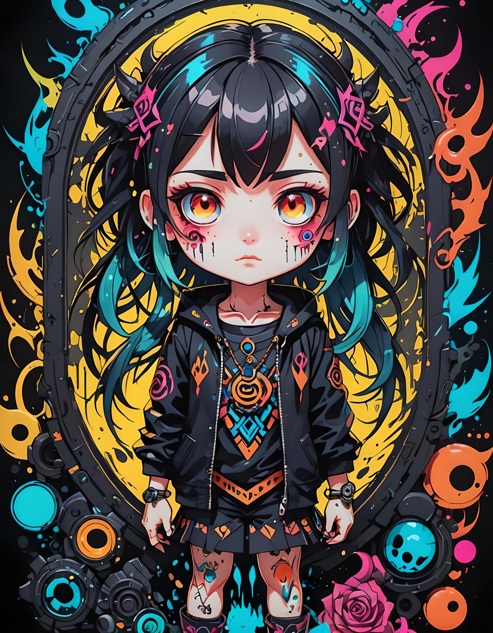 Cute Psycho Girl in Vibrant Anime Oil Painting