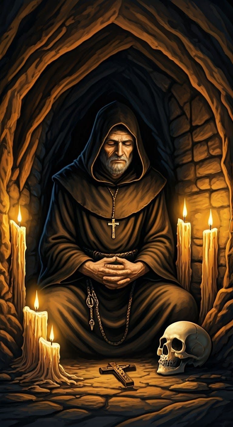 Catholic Hermit Meditating in Dark Fantasy Cave