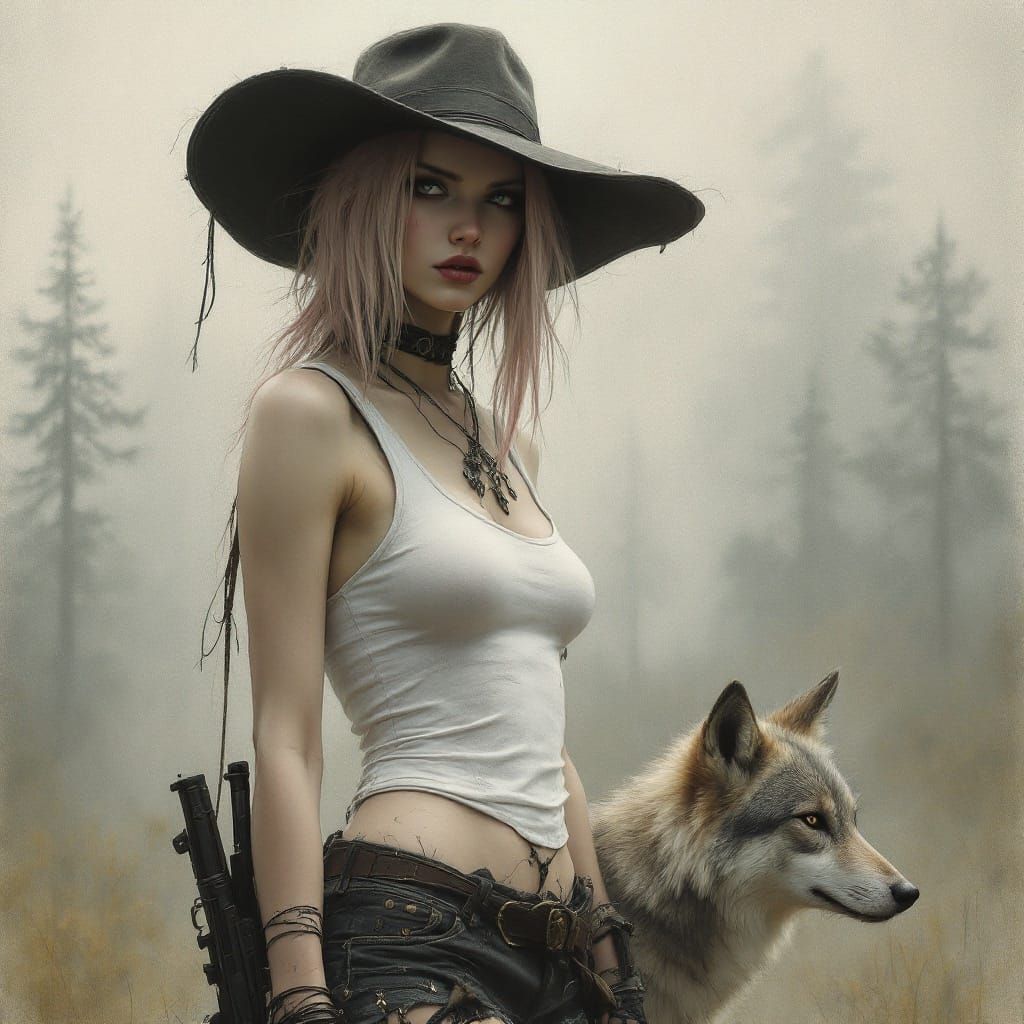 Woman and Wolf in Fog, Pastel-Charcoal Sketch