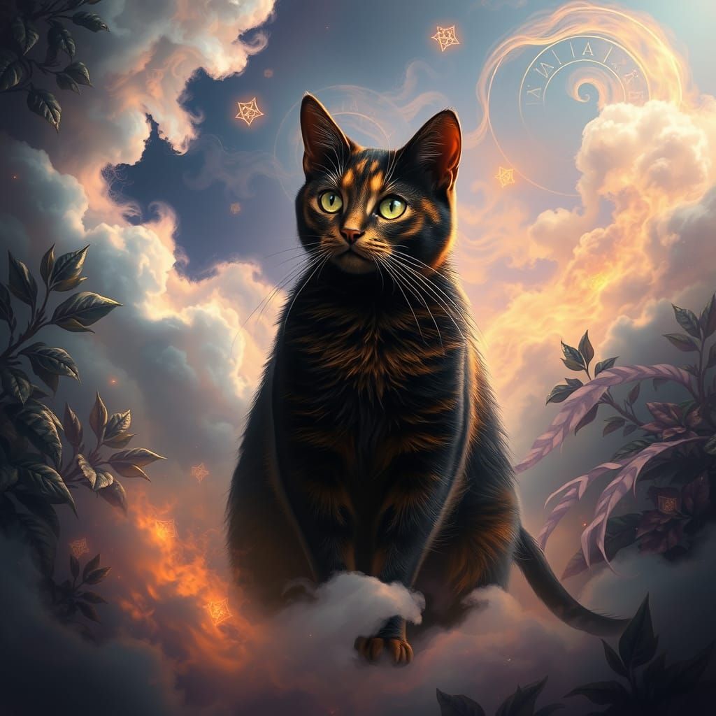 Regal Tortoiseshell Cat in Whimsical Fantasy Landscape