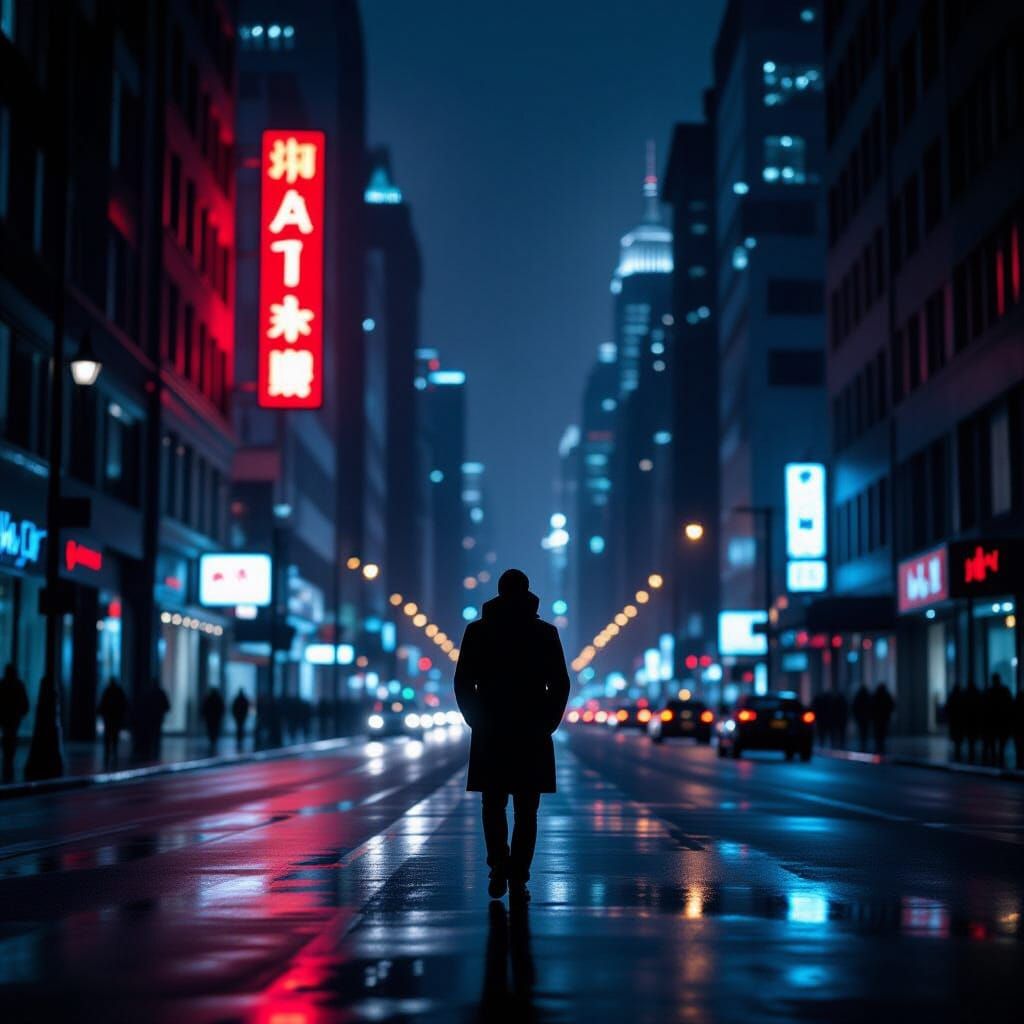 Lone Figure in Neon City Street at Night