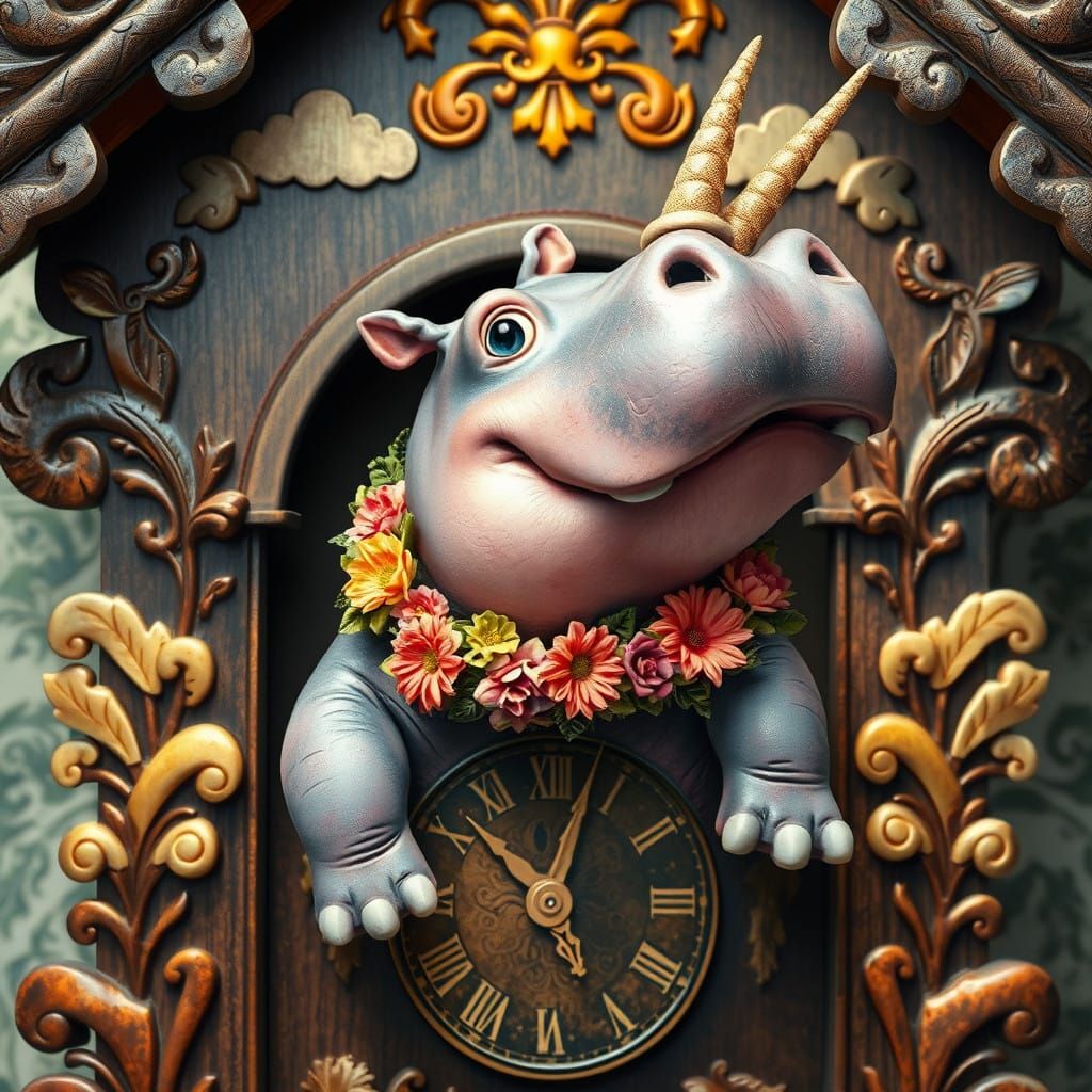 Enchanted Cuckoo Clock Hippo in Vibrant Floral Attire